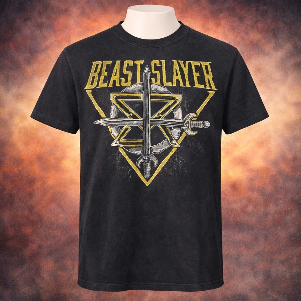 WWE Seth Rollins "BeastSlayer" T-Shirt sword shield design gold yellow Large